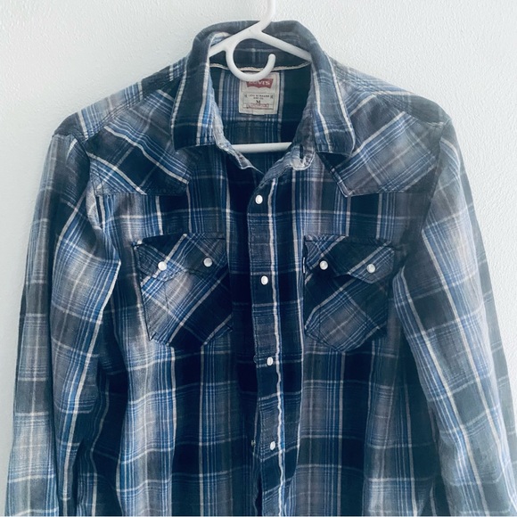 Levi Strauss blue plaid snap button down shirt - Picture 3 of 8